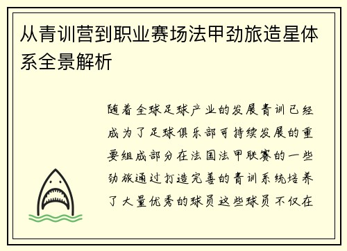 从青训营到职业赛场法甲劲旅造星体系全景解析