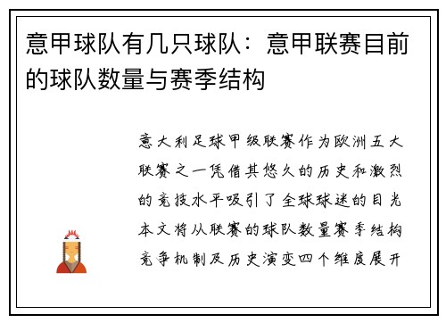 意甲球队有几只球队：意甲联赛目前的球队数量与赛季结构